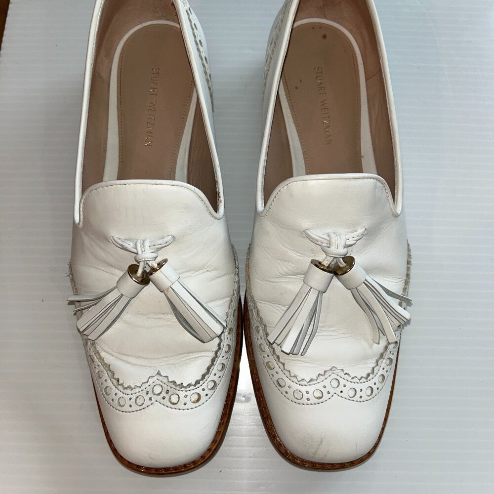 Stuart Weitzman White Leather Tassel Loafers Brogue Oxford Flats Women's 7M,